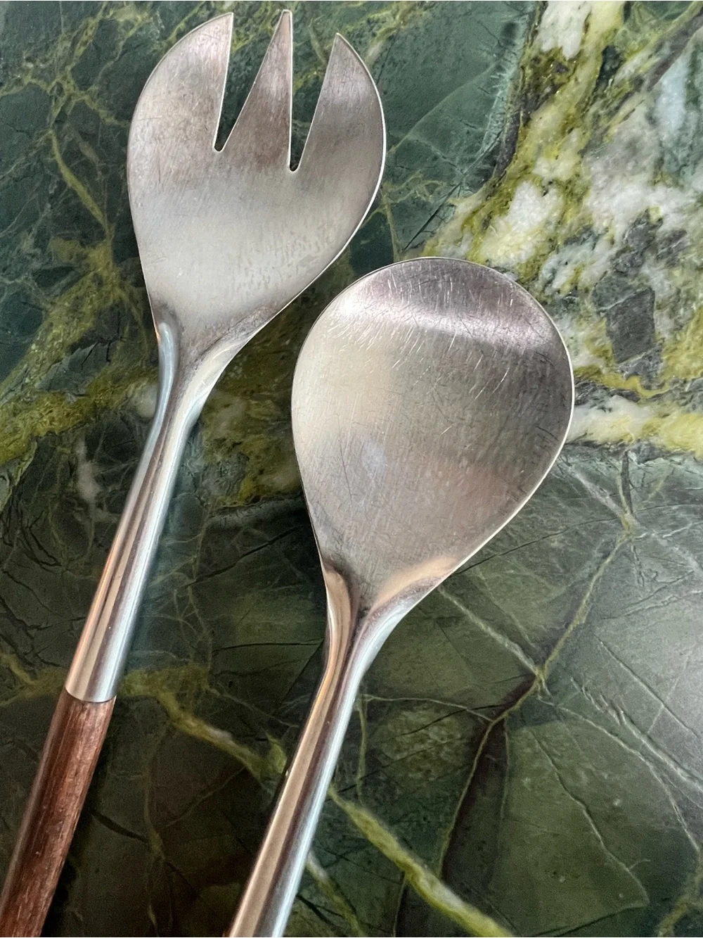 Vintage MCM Wood-Handled Stainless Salad Serving Set